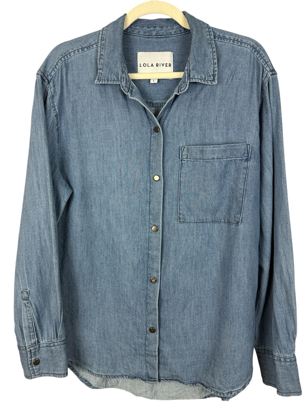 LOLA RIVER 100% Cotton Chambray Denim Button Up Shirt Jacket Light Wash Size L